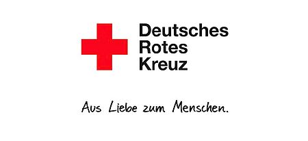 Kreuzes Kreuz und Schriftzug Deutsches Rotes Kreuz in schwarz und darunter steht aus Liebe zum Menschen
